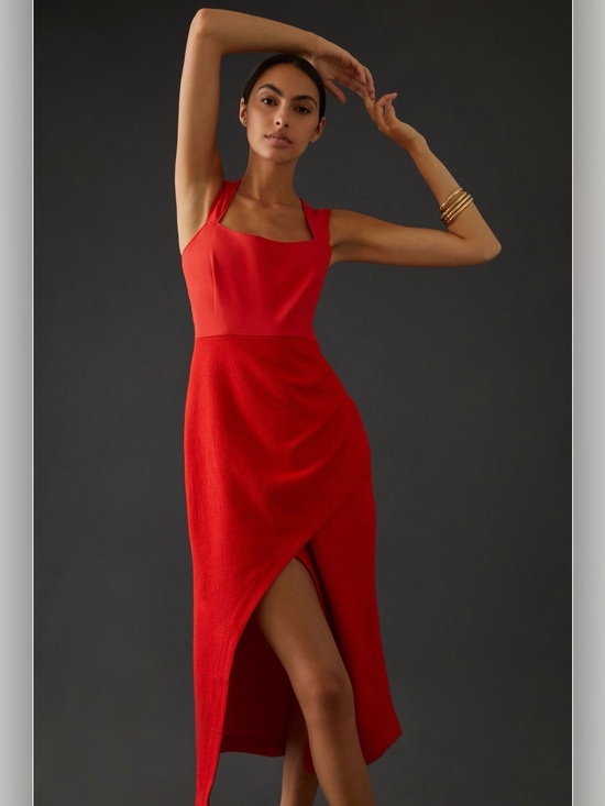 Maeve Dresses & Skirts - Anthropologie Maeve Red Square Neck Ruched Back Cutout Slit Maxi Dress Size 2